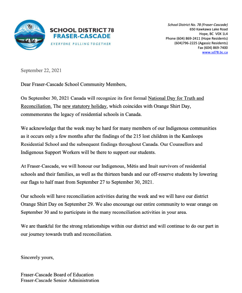 Orange Shirt Day Message – Coquihalla Elementary School